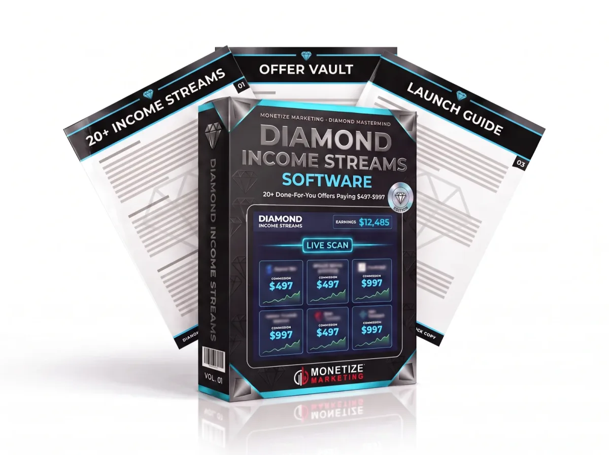 The Diamond Income Streams software box with its three laminated member sheets